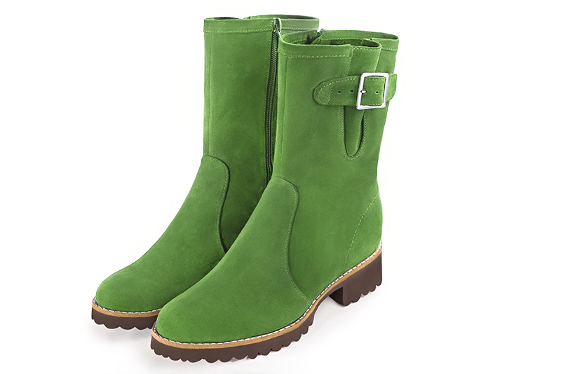 Grass green women's ankle boots with buckles on the sides. Round toe. Flat rubber soles. Front view - Florence KOOIJMAN